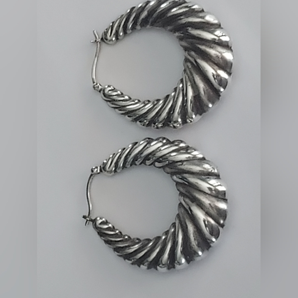 Twisted Silver Hoop Earrings - Polished Silver Tone